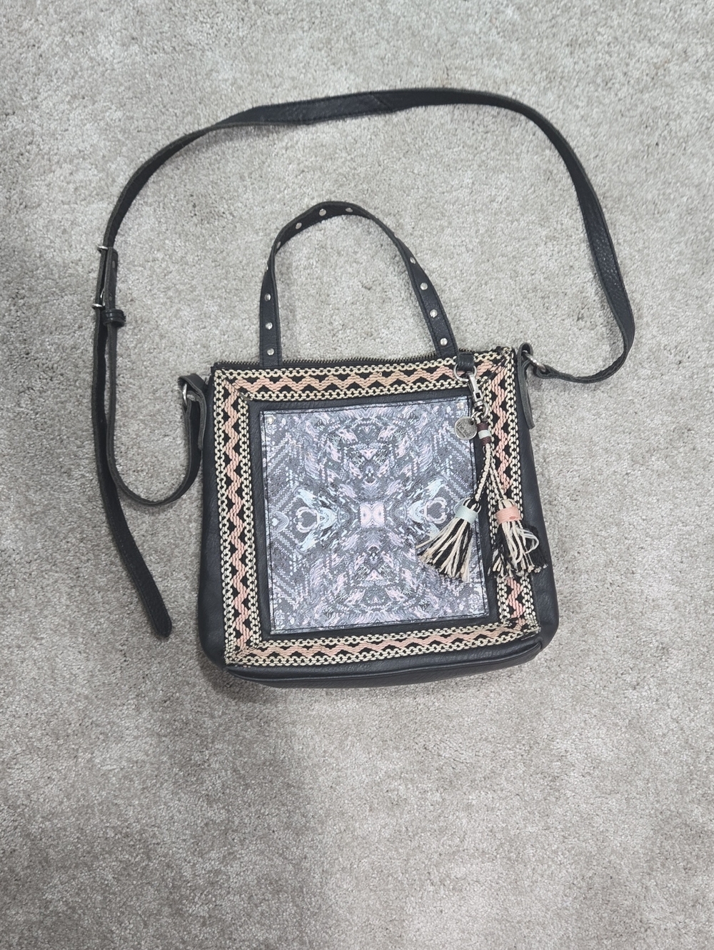 The Sak Black Crossbody with Pink and Cream Embellished Front Panel
